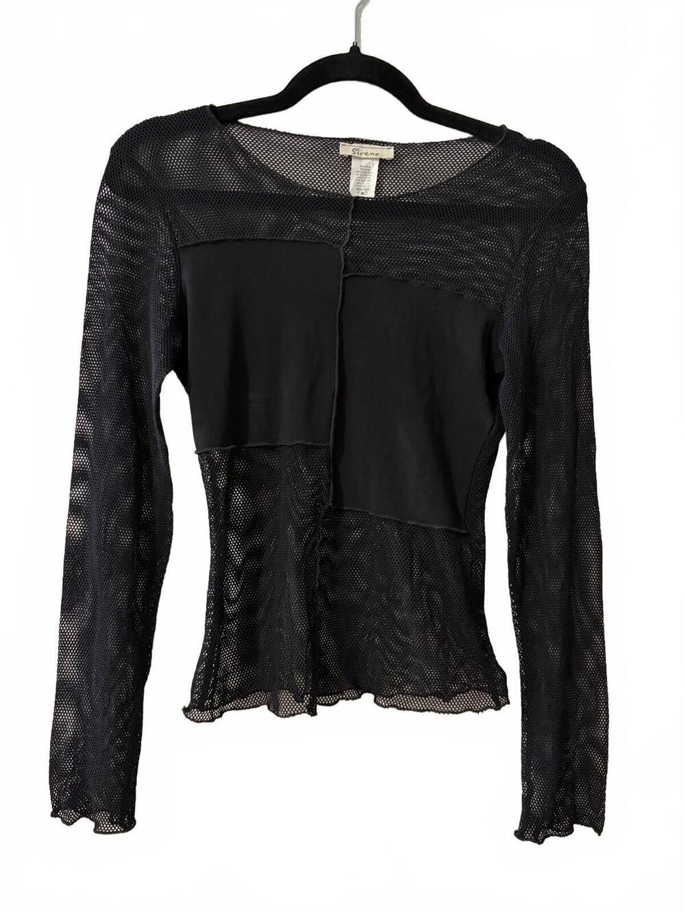 Vintage Sirens Top Womens M Black Fishnet Mesh Sheer Long Sleeve Scoop Neck Y2K